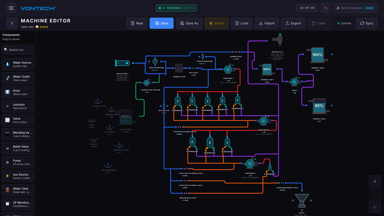 Machine Editor - Real two-stage RO plant configuration designed visually